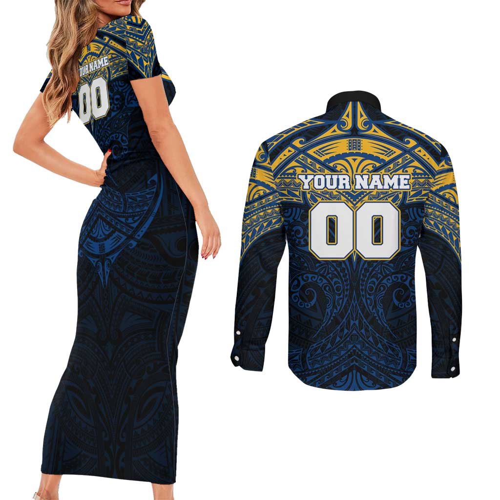 Personalized Parramatta Eels Couples Matching Short Sleeve Bodycon Dress and Long Sleeve Button Shirt Polynesian Tribal Pattern Style