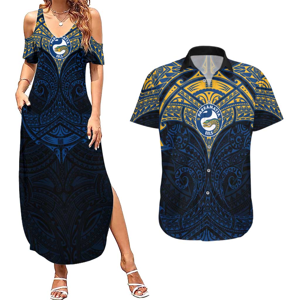 Personalized Parramatta Eels Couples Matching Summer Maxi Dress and Hawaiian Shirt Polynesian Tribal Pattern Style