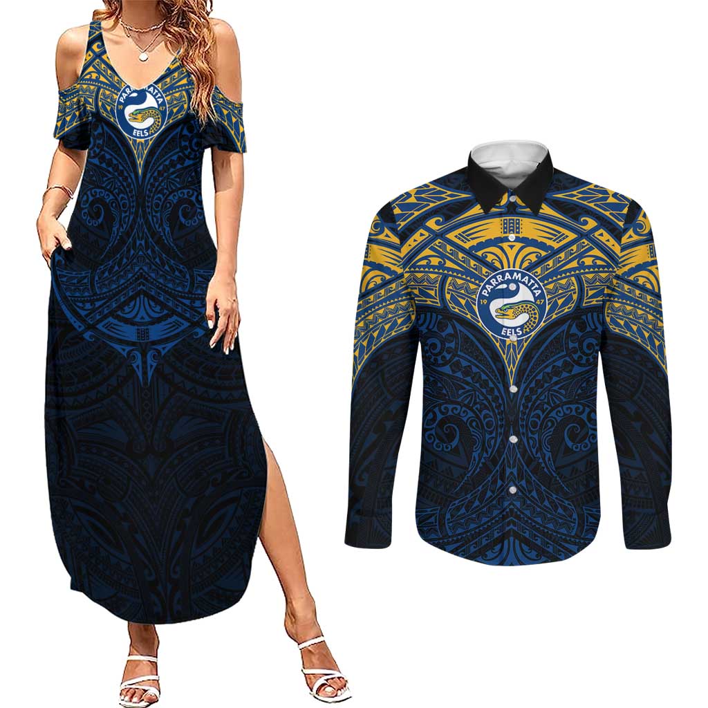 Personalized Parramatta Eels Couples Matching Summer Maxi Dress and Long Sleeve Button Shirt Polynesian Tribal Pattern Style