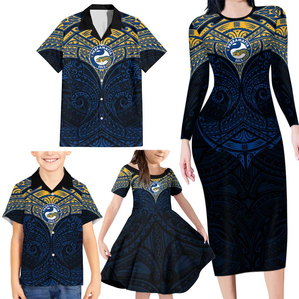 Personalized Parramatta Eels Family Matching Long Sleeve Bodycon Dress and Hawaiian Shirt Polynesian Tribal Pattern Style