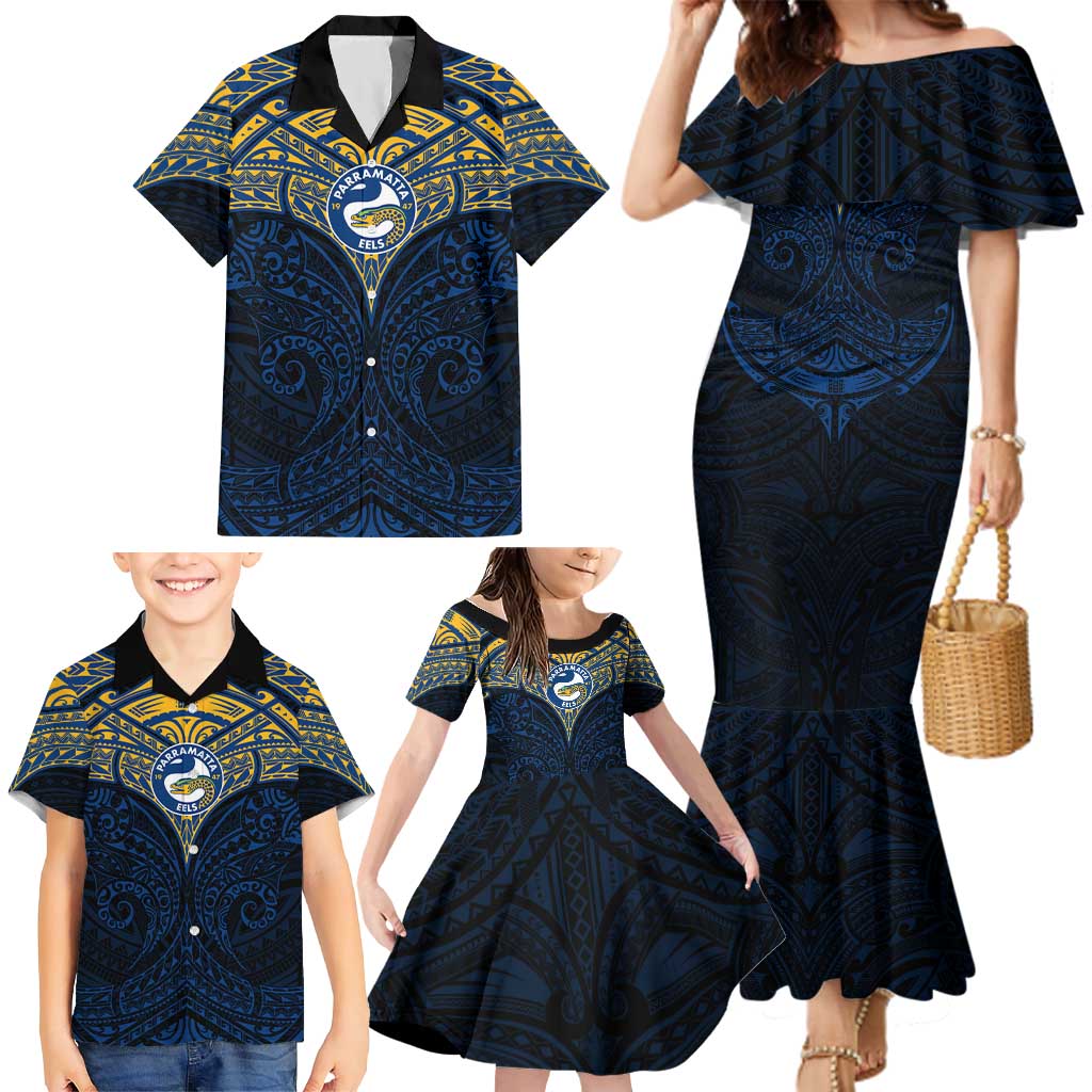 Personalized Parramatta Eels Family Matching Mermaid Dress and Hawaiian Shirt Polynesian Tribal Pattern Style
