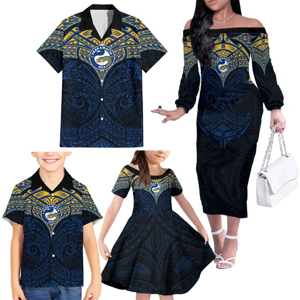 Personalized Parramatta Eels Family Matching Off The Shoulder Long Sleeve Dress and Hawaiian Shirt Polynesian Tribal Pattern Style