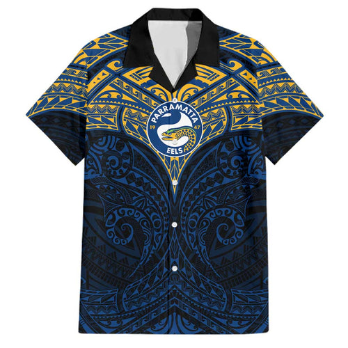 Personalized Parramatta Eels Family Matching Off The Shoulder Long Sleeve Dress and Hawaiian Shirt Polynesian Tribal Pattern Style