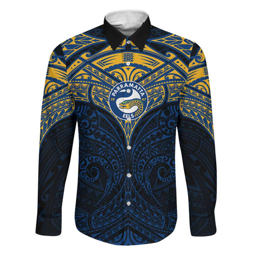 Personalized Parramatta Eels Family Matching Off The Shoulder Long Sleeve Dress and Hawaiian Shirt Polynesian Tribal Pattern Style