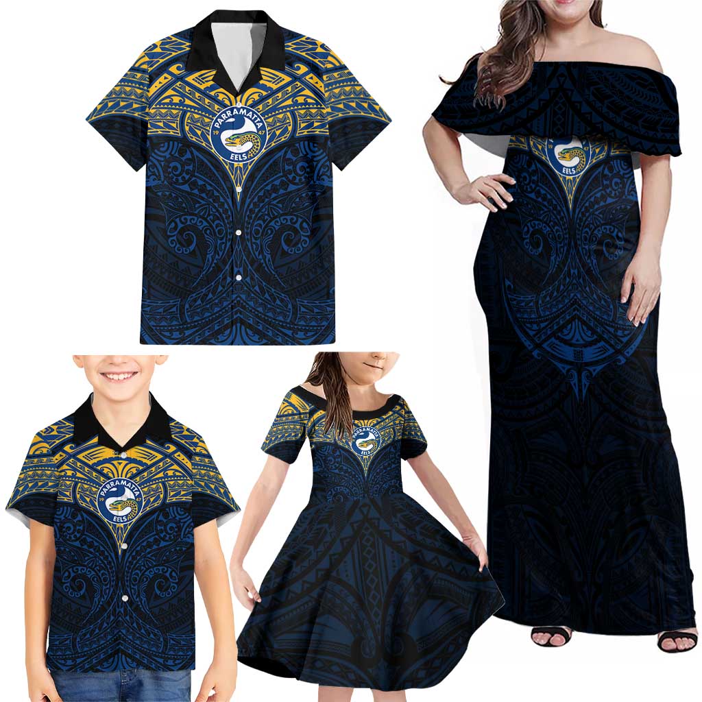 Personalized Parramatta Eels Family Matching Off Shoulder Maxi Dress and Hawaiian Shirt Polynesian Tribal Pattern Style
