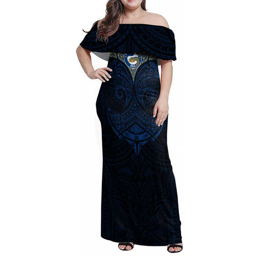 Personalized Parramatta Eels Family Matching Off Shoulder Maxi Dress and Hawaiian Shirt Polynesian Tribal Pattern Style