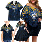 Personalized Parramatta Eels Family Matching Off Shoulder Short Dress and Hawaiian Shirt Polynesian Tribal Pattern Style