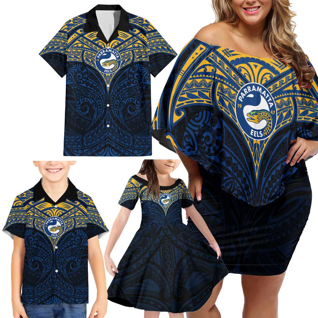 Personalized Parramatta Eels Family Matching Off Shoulder Short Dress and Hawaiian Shirt Polynesian Tribal Pattern Style