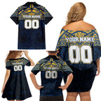 Personalized Parramatta Eels Family Matching Off Shoulder Short Dress and Hawaiian Shirt Polynesian Tribal Pattern Style
