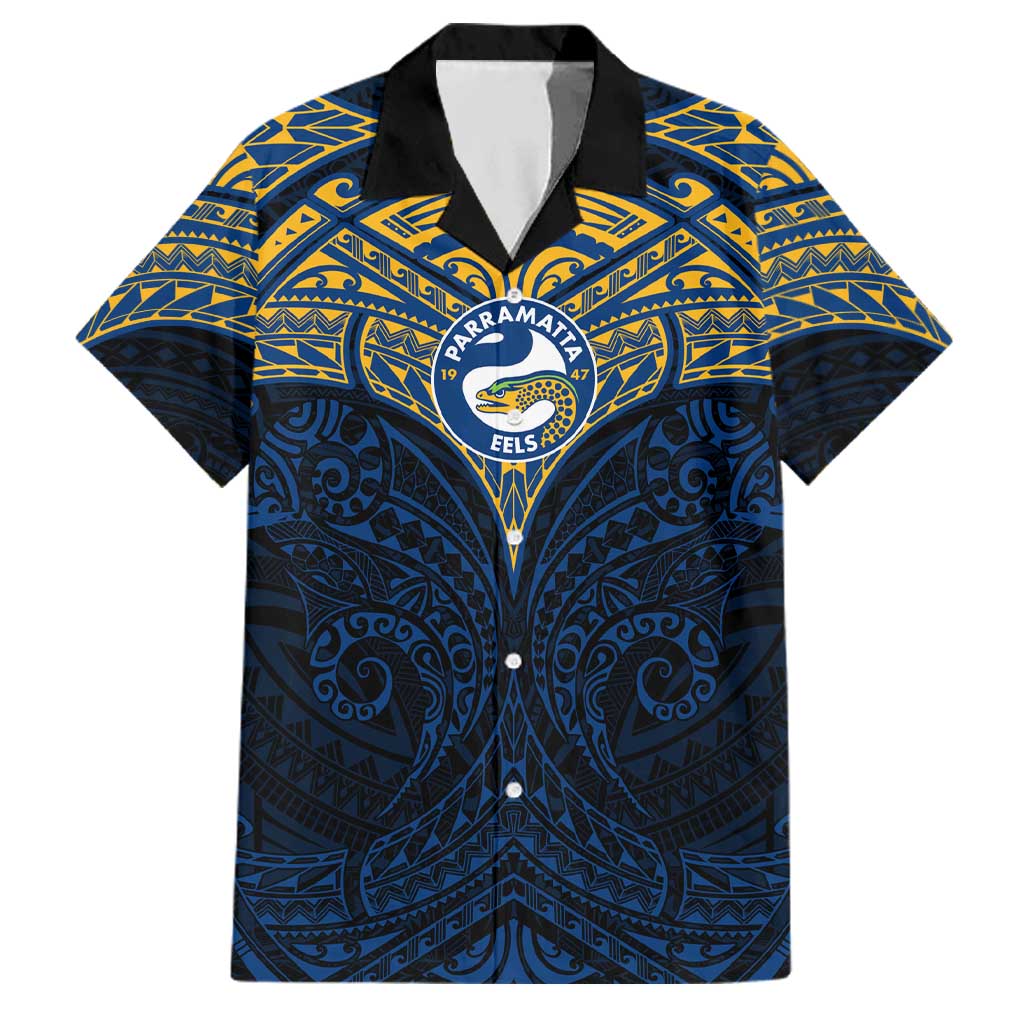 Personalized Parramatta Eels Family Matching Off Shoulder Short Dress and Hawaiian Shirt Polynesian Tribal Pattern Style