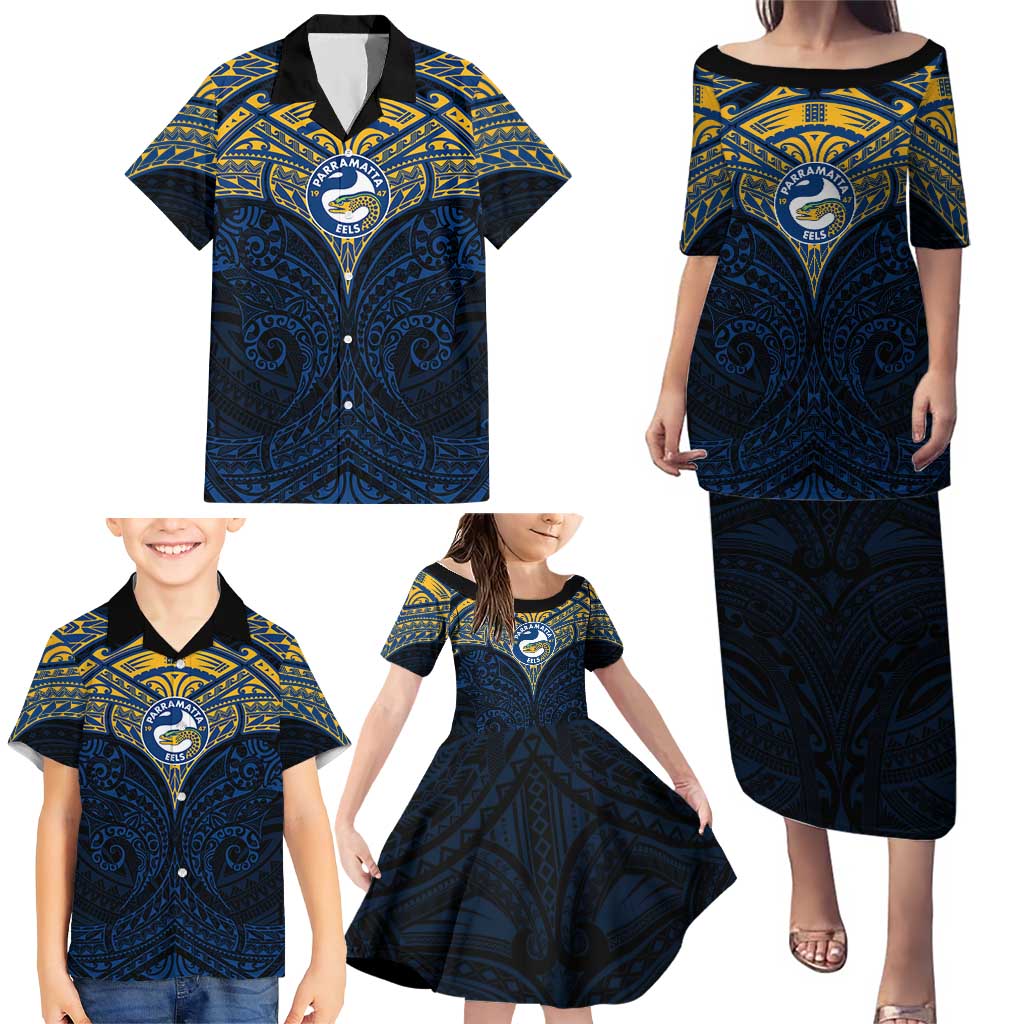 Personalized Parramatta Eels Family Matching Puletasi and Hawaiian Shirt Polynesian Tribal Pattern Style
