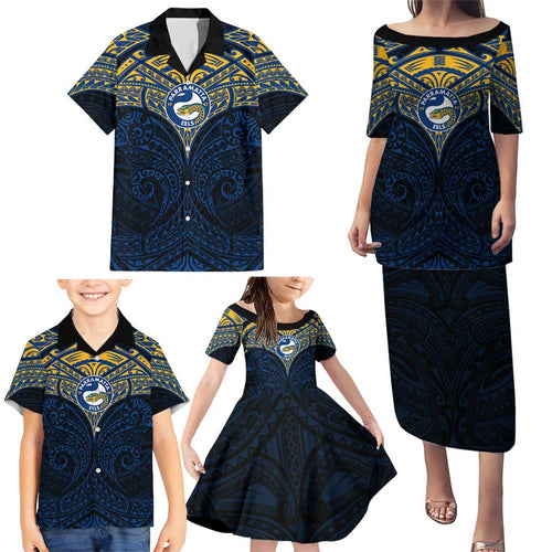 Personalized Parramatta Eels Family Matching Puletasi and Hawaiian Shirt Polynesian Tribal Pattern Style