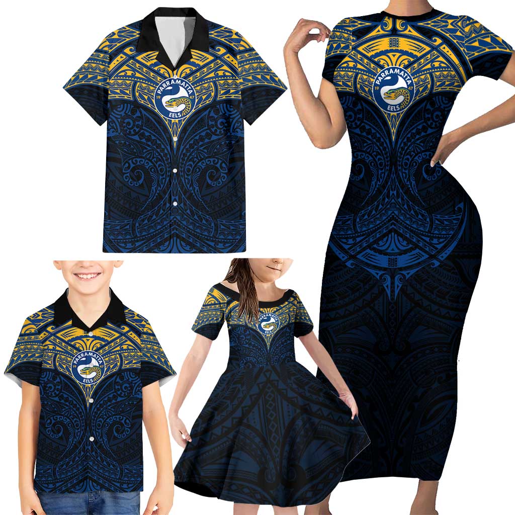 Personalized Parramatta Eels Family Matching Short Sleeve Bodycon Dress and Hawaiian Shirt Polynesian Tribal Pattern Style
