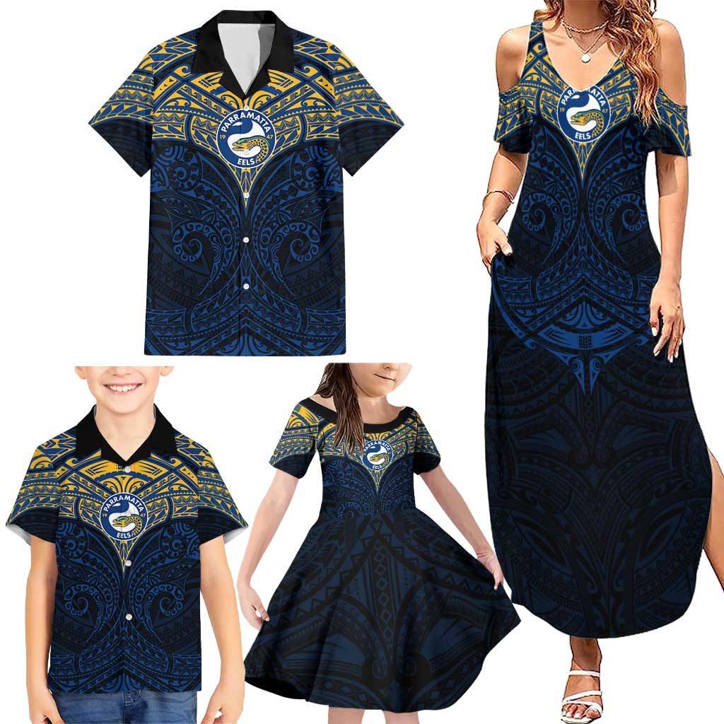 Personalized Parramatta Eels Family Matching Summer Maxi Dress and Hawaiian Shirt Polynesian Tribal Pattern Style