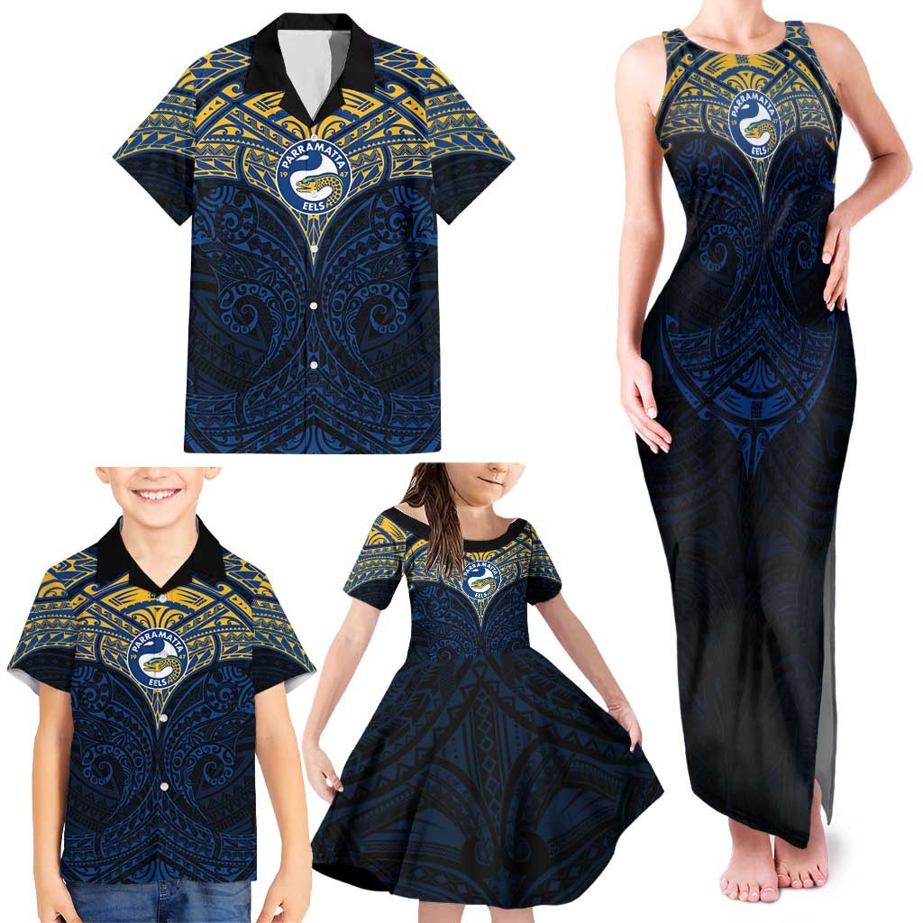 Personalized Parramatta Eels Family Matching Tank Maxi Dress and Hawaiian Shirt Polynesian Tribal Pattern Style