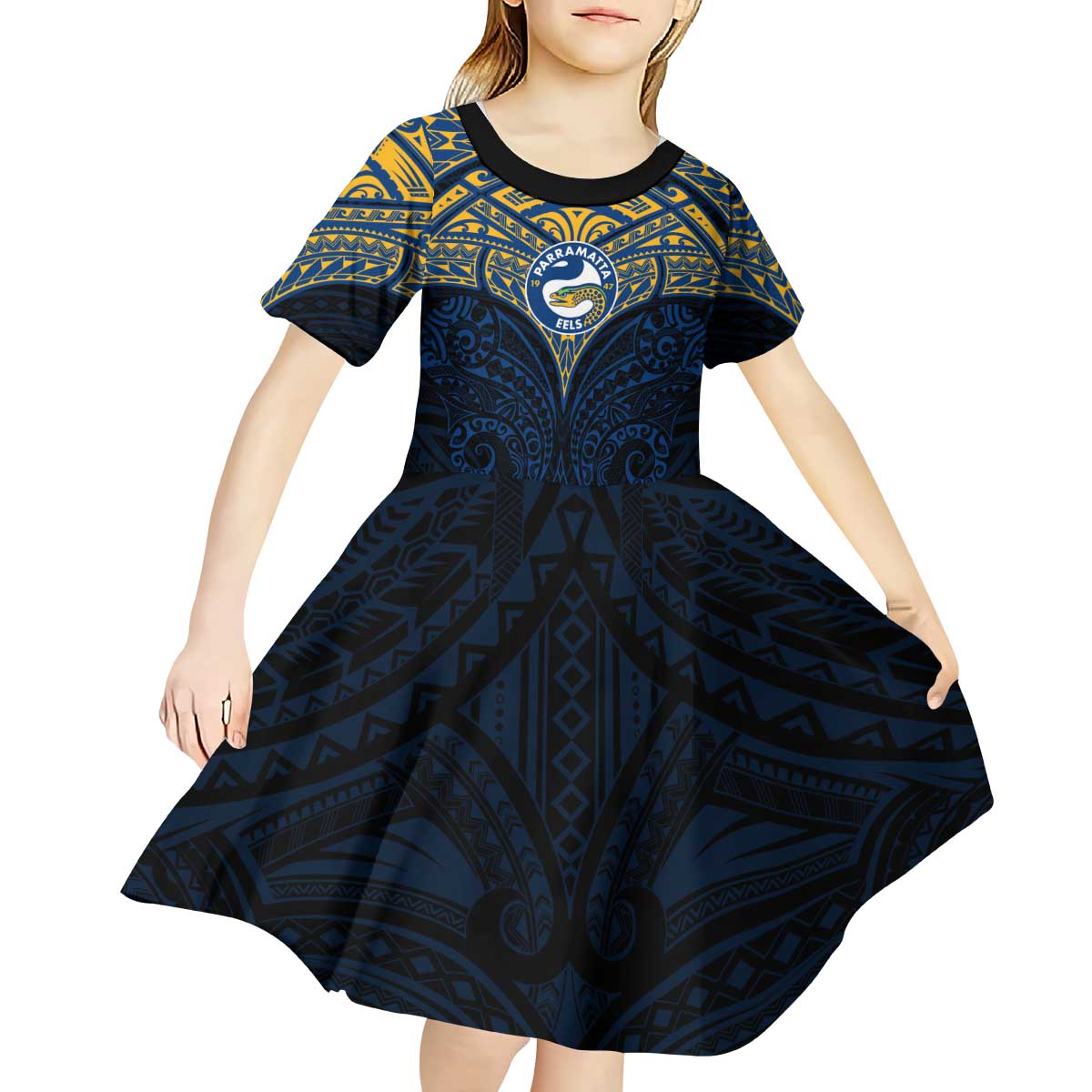 Personalized Parramatta Eels Kid Short Sleeve Dress Polynesian Tribal Pattern Style