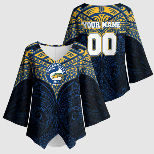 Personalized Parramatta Eels Kimono Sleeve Blouse Polynesian Tribal Pattern Style