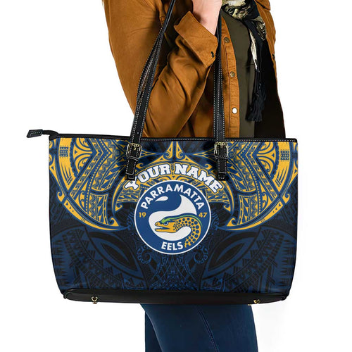 Personalized Parramatta Eels Leather Tote Bag Polynesian Tribal Pattern Style