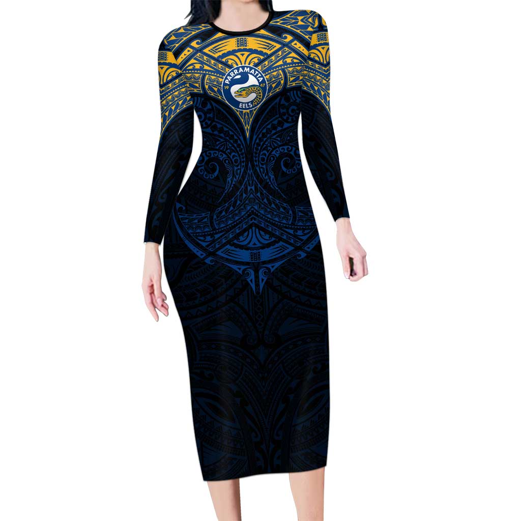 Personalized Parramatta Eels Long Sleeve Bodycon Dress Polynesian Tribal Pattern Style