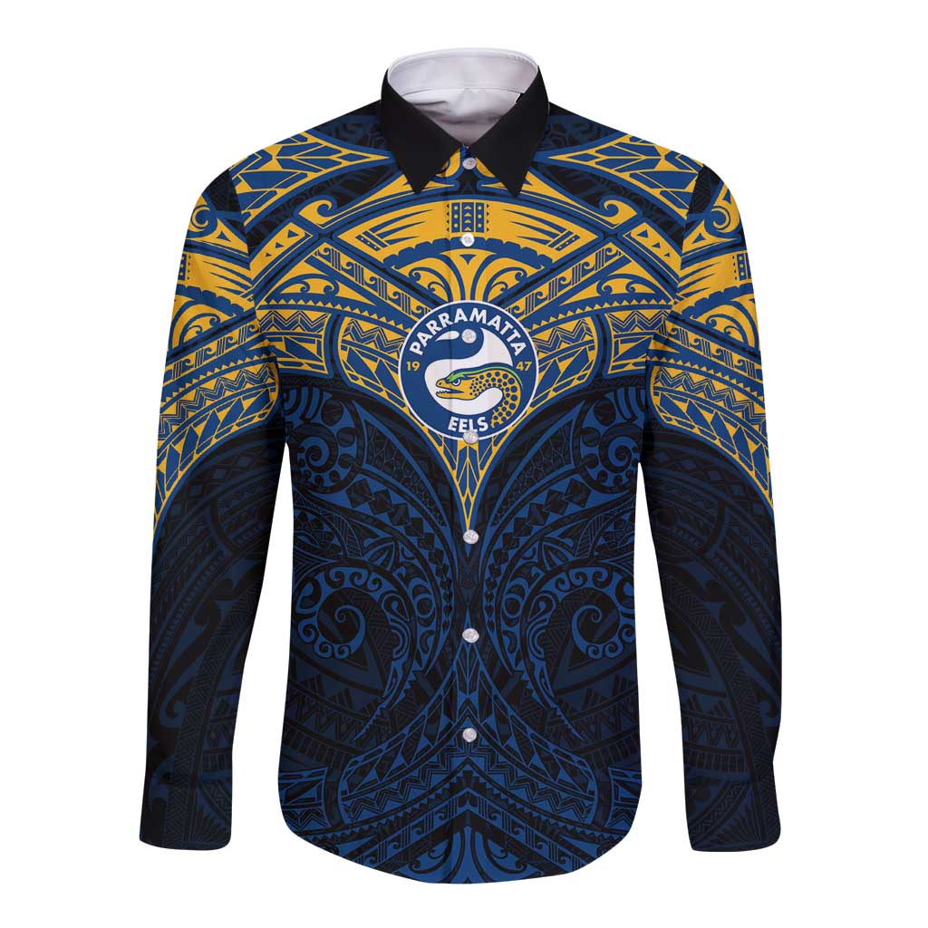 Personalized Parramatta Eels Long Sleeve Button Shirt Polynesian Tribal Pattern Style