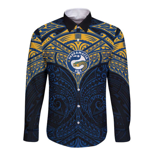 Personalized Parramatta Eels Long Sleeve Button Shirt Polynesian Tribal Pattern Style