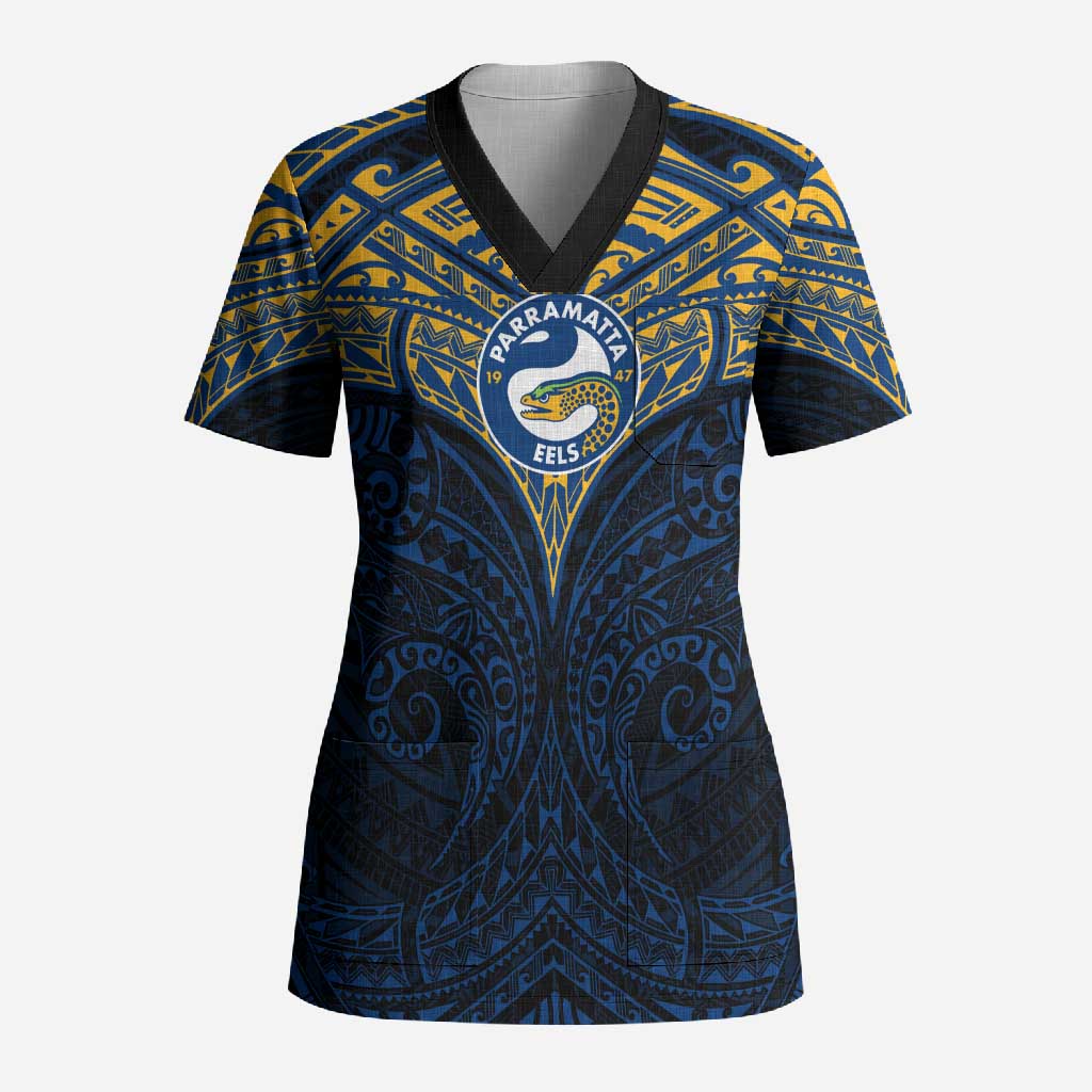 Personalized Parramatta Eels Scrub Top Polynesian Tribal Pattern Style