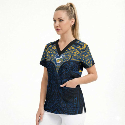 Personalized Parramatta Eels Scrub Top Polynesian Tribal Pattern Style