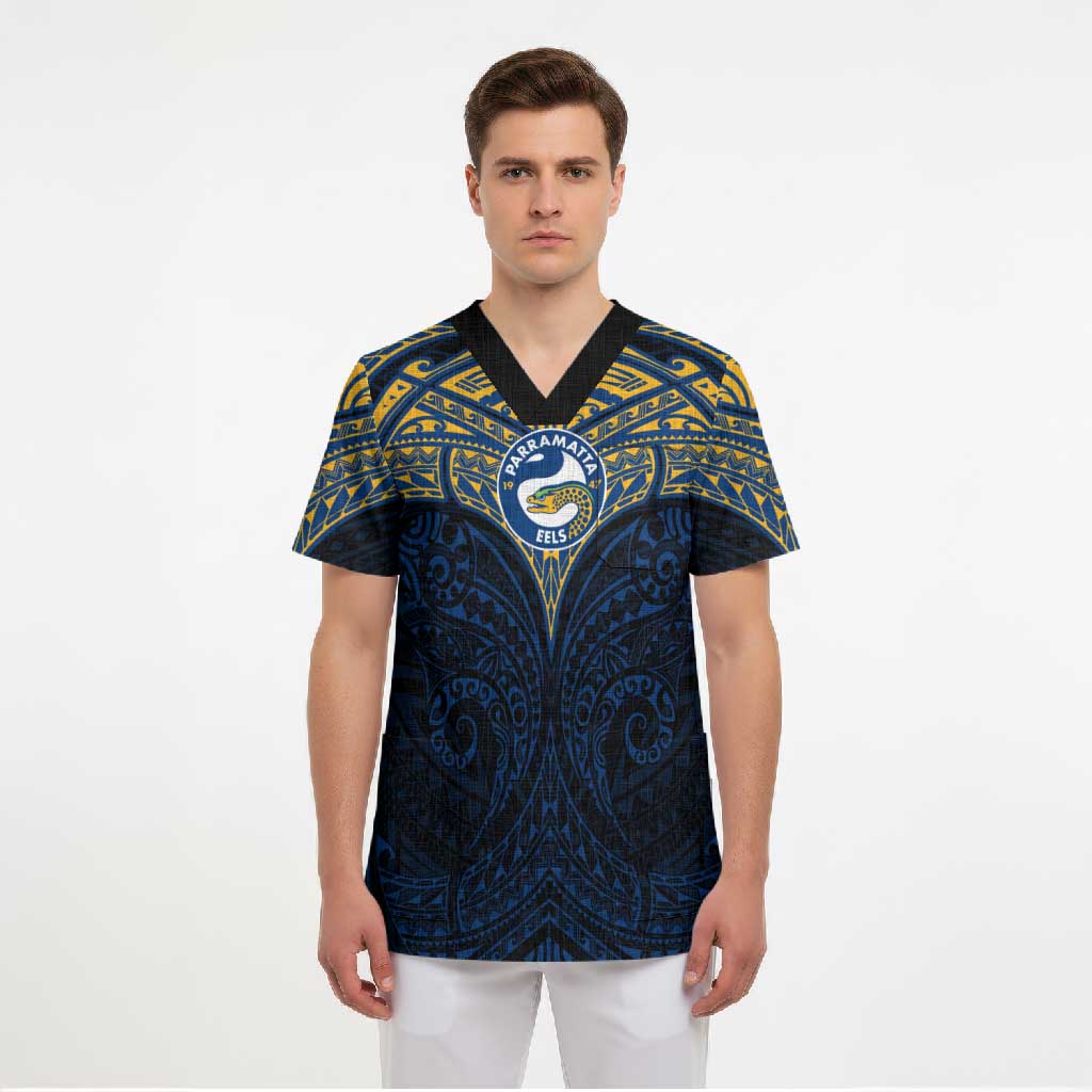 Personalized Parramatta Eels Scrub Top Polynesian Tribal Pattern Style