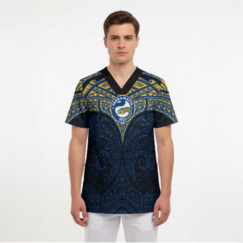 Personalized Parramatta Eels Scrub Top Polynesian Tribal Pattern Style