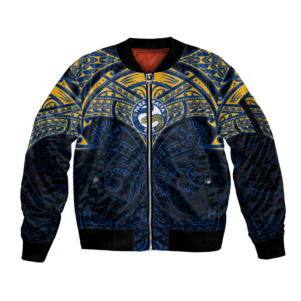 Personalized Parramatta Eels Sleeve Zip Bomber Jacket Polynesian Tribal Pattern Style