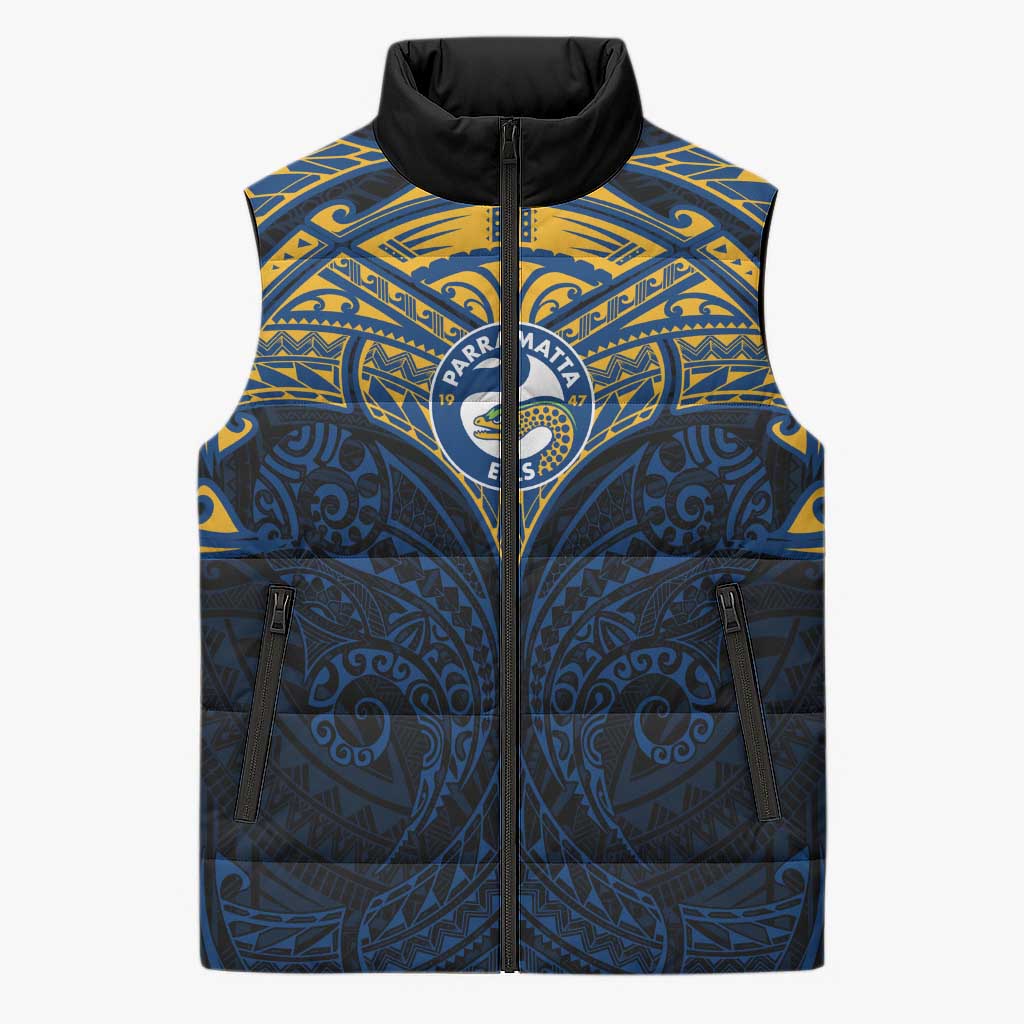 Personalized Parramatta Eels Sleeveless Puffer Jacket Polynesian Tribal Pattern Style