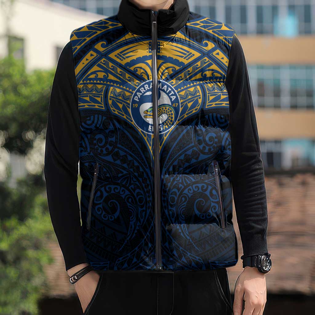 Personalized Parramatta Eels Sleeveless Puffer Jacket Polynesian Tribal Pattern Style