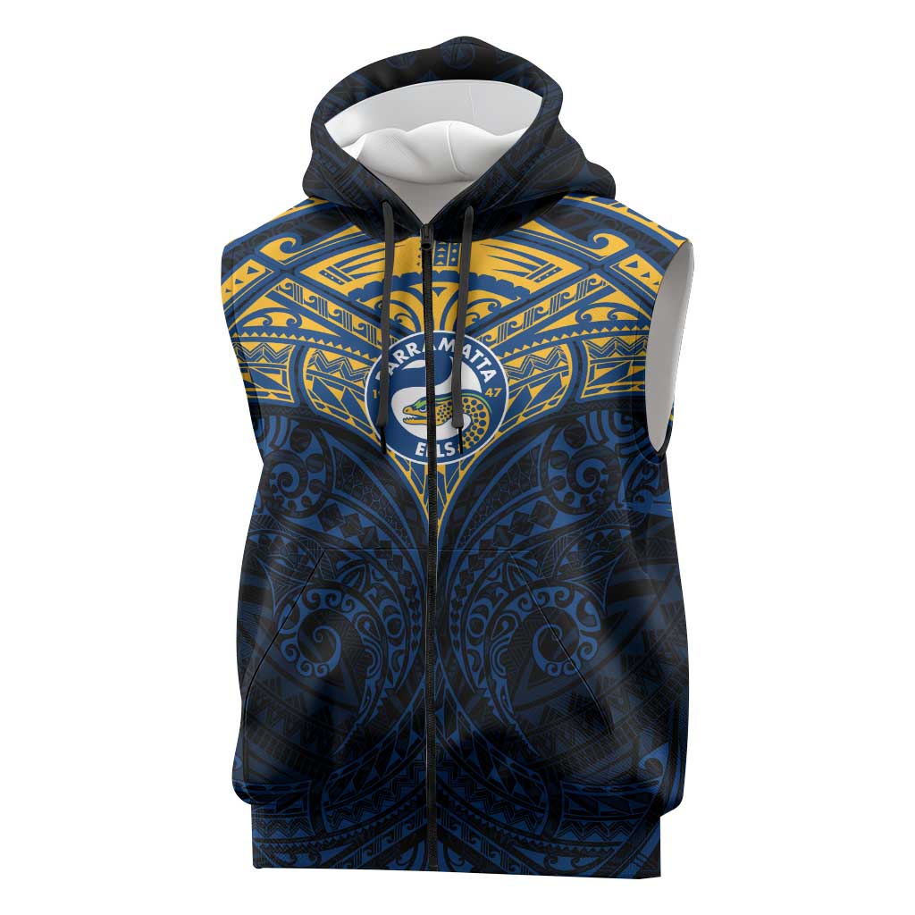 Personalized Parramatta Eels Sleeveless Zip Hoodie Polynesian Tribal Pattern Style