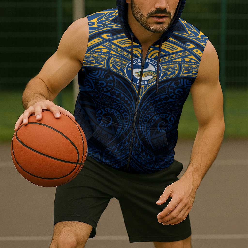 Personalized Parramatta Eels Sleeveless Zip Hoodie Polynesian Tribal Pattern Style