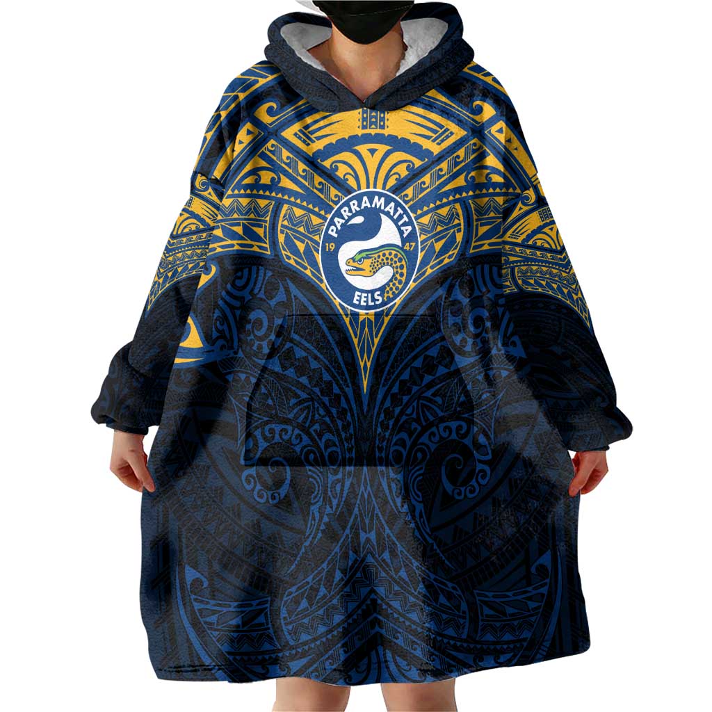Personalized Parramatta Eels Wearable Blanket Hoodie Polynesian Tribal Pattern Style