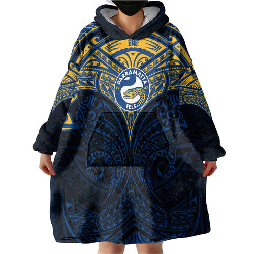 Personalized Parramatta Eels Wearable Blanket Hoodie Polynesian Tribal Pattern Style