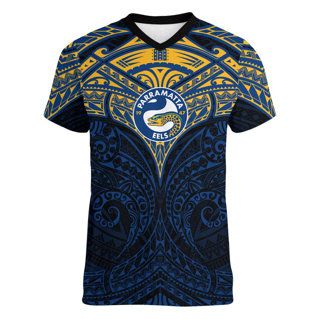 Personalized Parramatta Eels Women V-Neck T-Shirt Polynesian Tribal Pattern Style