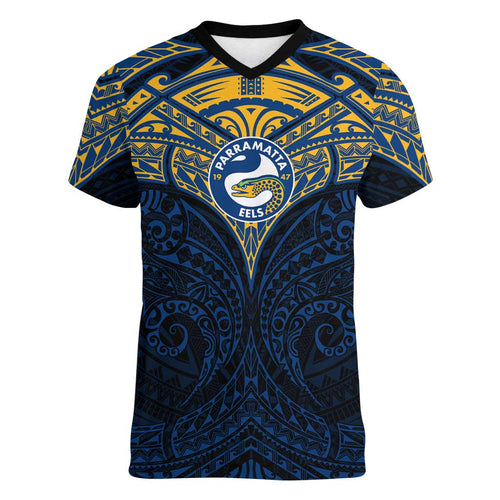 Personalized Parramatta Eels Women V-Neck T-Shirt Polynesian Tribal Pattern Style