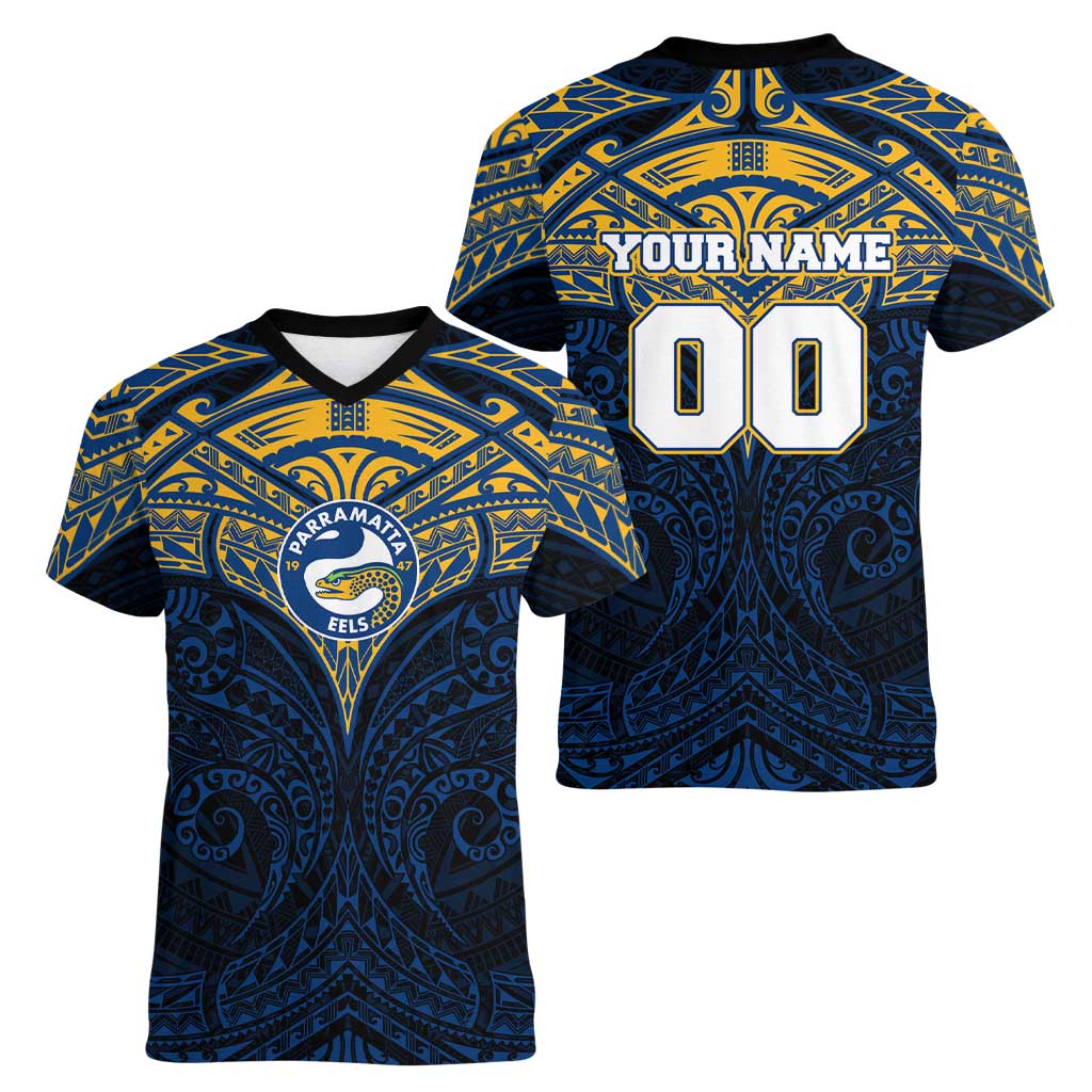 Personalized Parramatta Eels Women V-Neck T-Shirt Polynesian Tribal Pattern Style