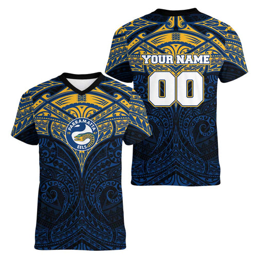 Personalized Parramatta Eels Women V-Neck T-Shirt Polynesian Tribal Pattern Style
