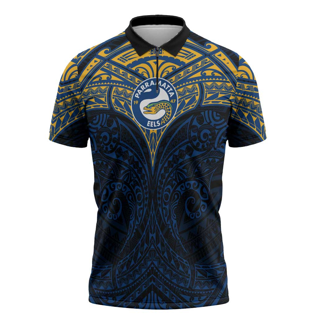 Personalized Parramatta Eels Zipper Polo Shirt Polynesian Tribal Pattern Style
