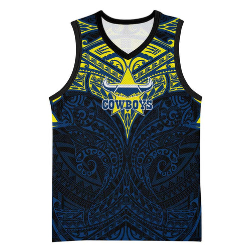 Personalized North Queensland Cowboys Basketball Jersey Polynesian Tribal Pattern Style