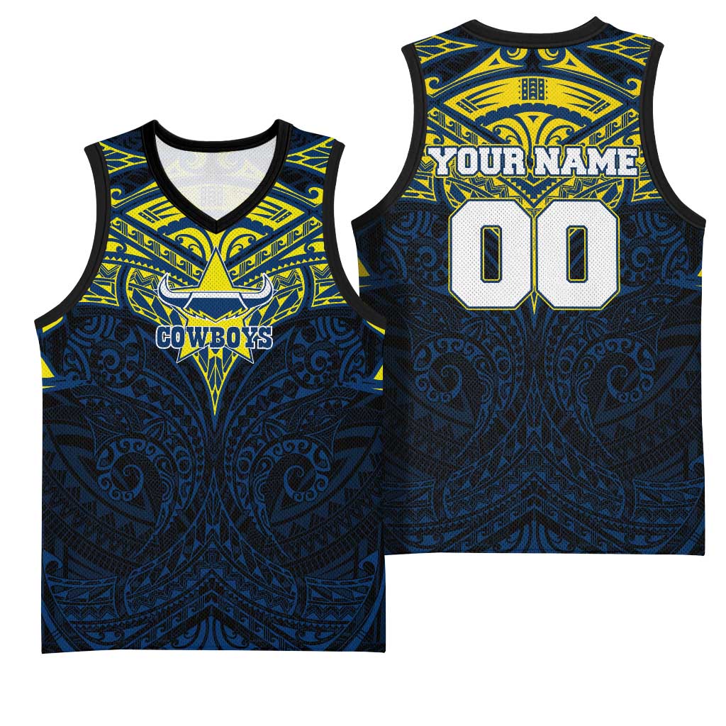 Personalized North Queensland Cowboys Basketball Jersey Polynesian Tribal Pattern Style