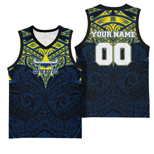 Personalized North Queensland Cowboys Basketball Jersey Polynesian Tribal Pattern Style