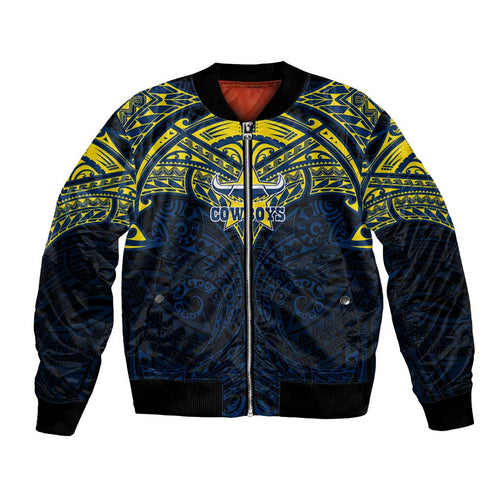 Personalized North Queensland Cowboys Bomber Jacket Polynesian Tribal Pattern Style