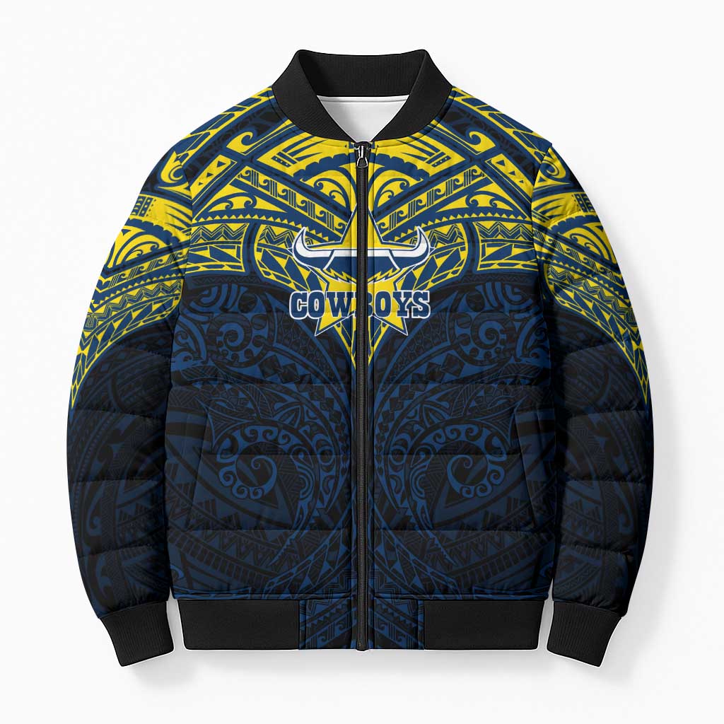 Personalized North Queensland Cowboys Bomber Puffer Jacket Polynesian Tribal Pattern Style