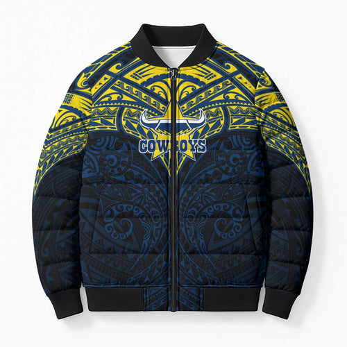 Personalized North Queensland Cowboys Bomber Puffer Jacket Polynesian Tribal Pattern Style