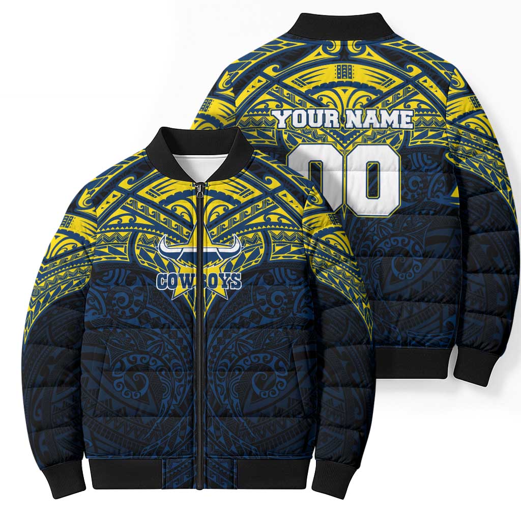 Personalized North Queensland Cowboys Bomber Puffer Jacket Polynesian Tribal Pattern Style