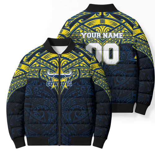 Personalized North Queensland Cowboys Bomber Puffer Jacket Polynesian Tribal Pattern Style
