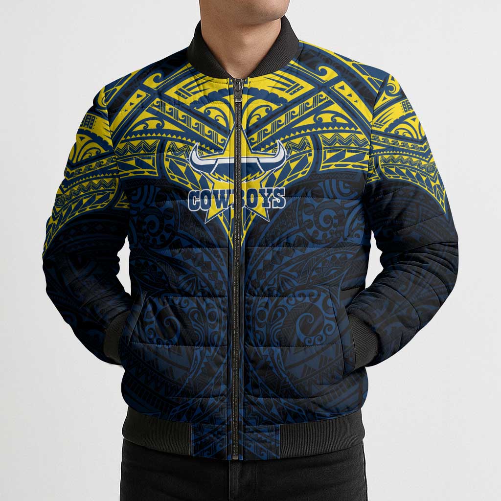 Personalized North Queensland Cowboys Bomber Puffer Jacket Polynesian Tribal Pattern Style